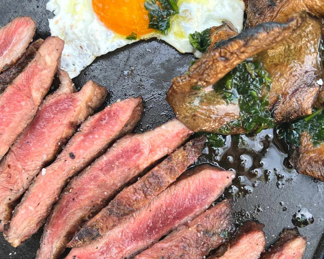 Grilled Ibérico Rib Cap 'Abanico' Steak with Mushrooms and Fried Eggs