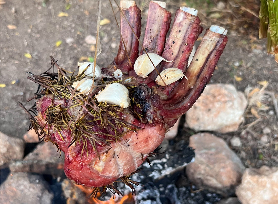 Hanging Rosemary 4-bone Ribeye Rack with Asparagus