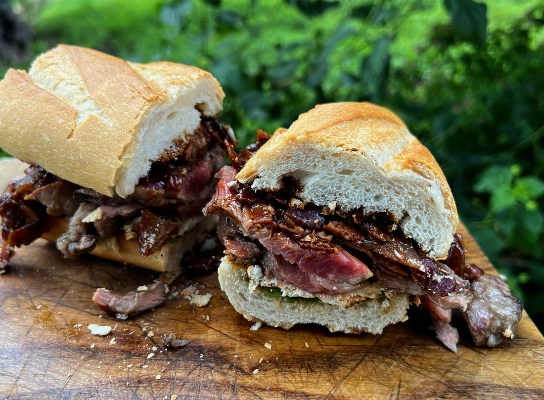Ibérico Abanico Steak Sandwich with Cream Cheese & Jammy Bacon Onion