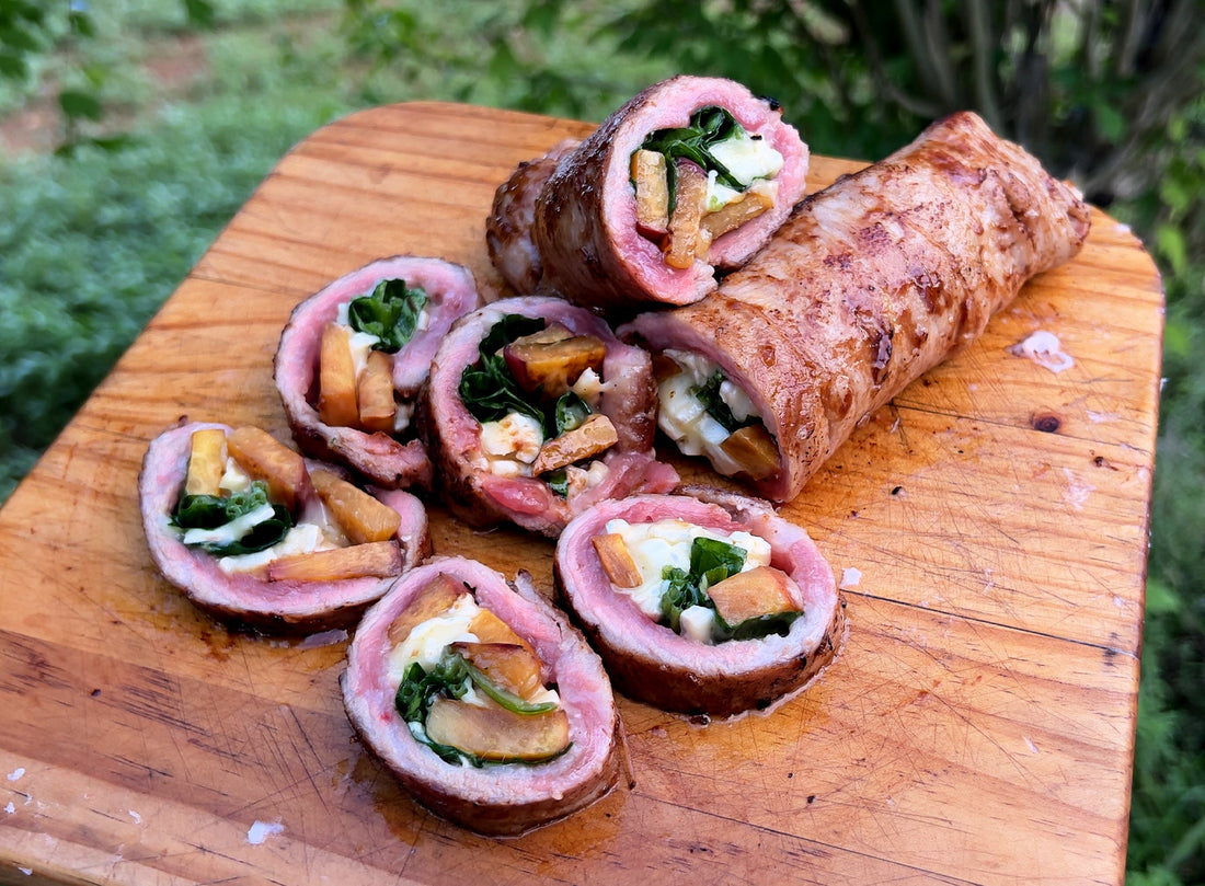 Peach and Ibérico Secreto Steak Roll-Ups with Brie & Spinach