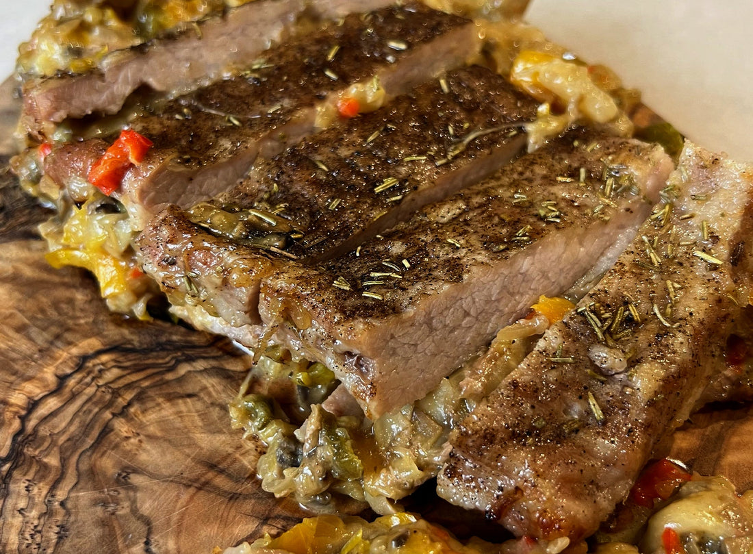 Stuffed Ibérico Pork Belly Secreto Steak with veggies