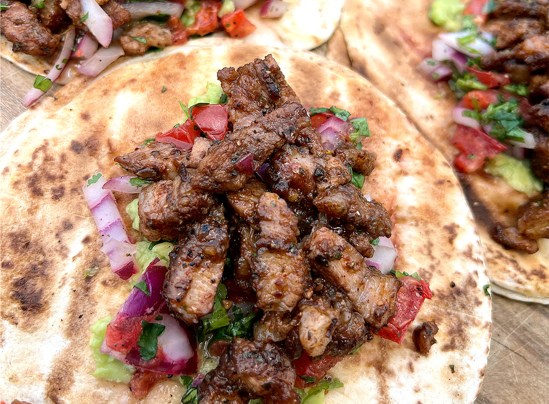 Grilled Ibérico Pork Collar "Coppa" Quesadilla Tacos with Guacamole Sauce