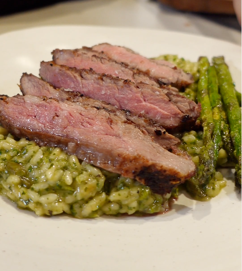 Seared Abanico with Green Risotto of Fresh Basil & Asparagus