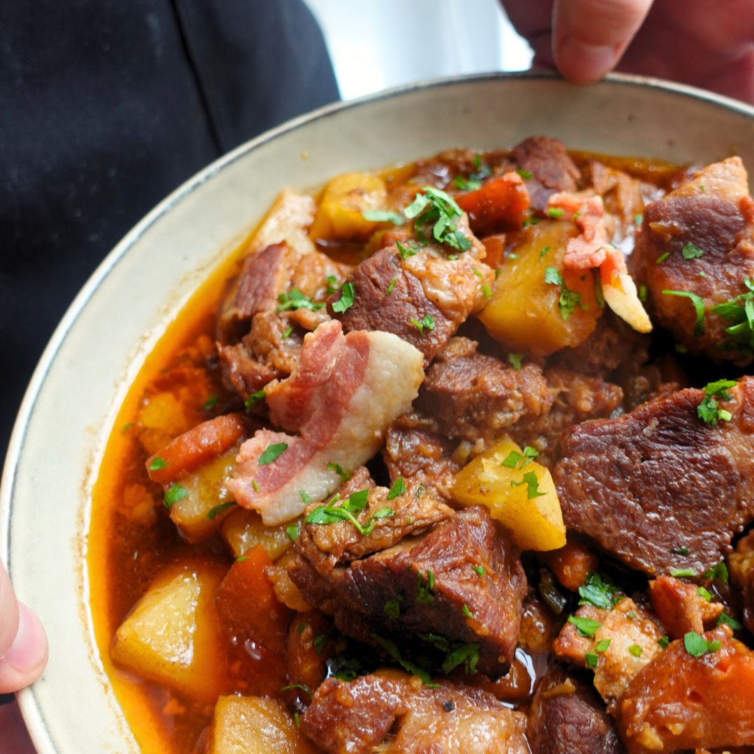 Slow Cooked Coppa with Guinness Bacon Stew