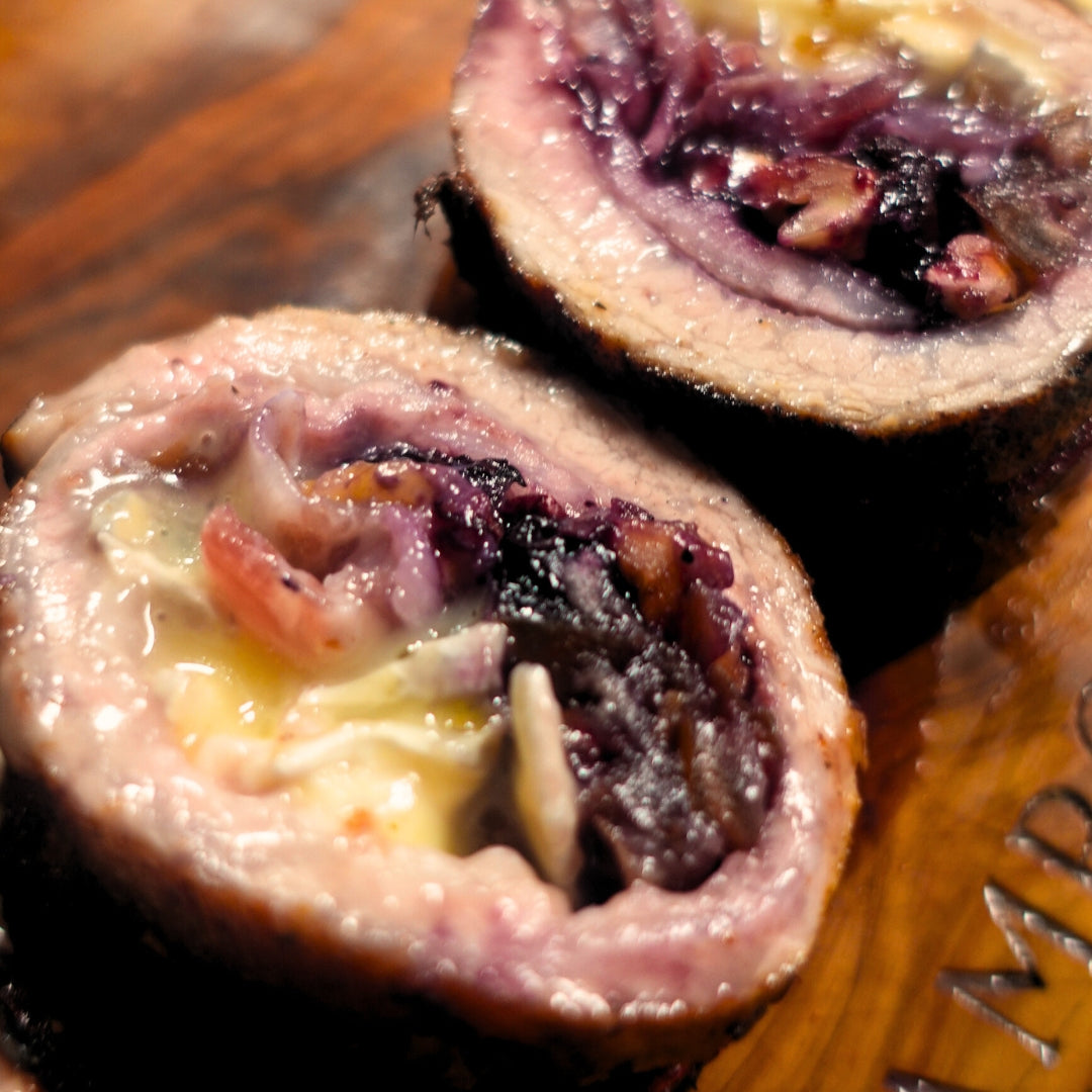 Pork Belly Secreto Steak Roll with Bacon, Brie Cheese, and Cranberries