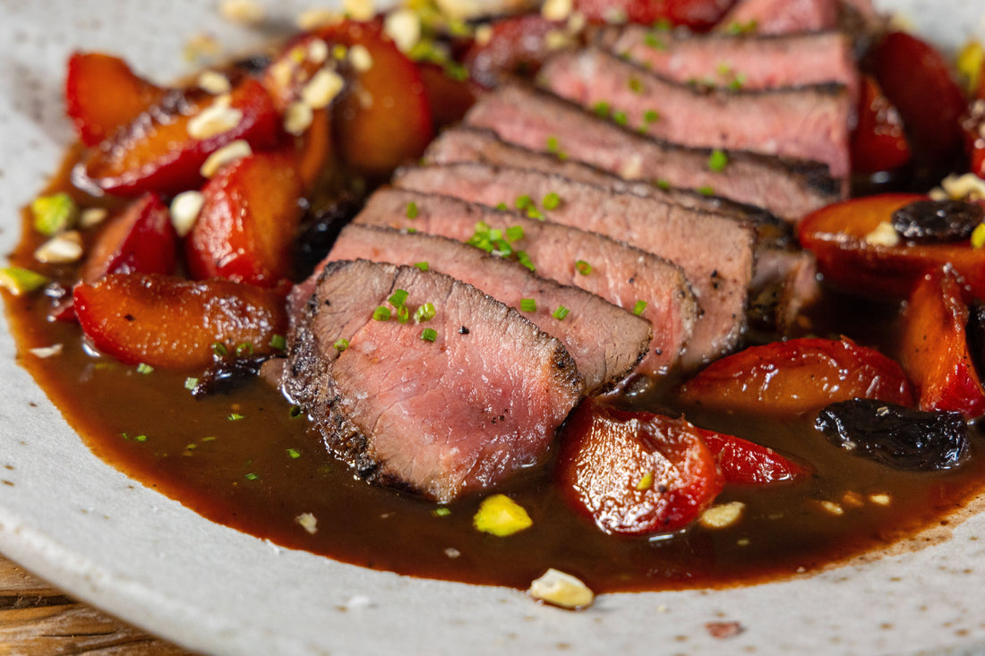 Iberico Presa with Vermouth Sauce and Peaches
