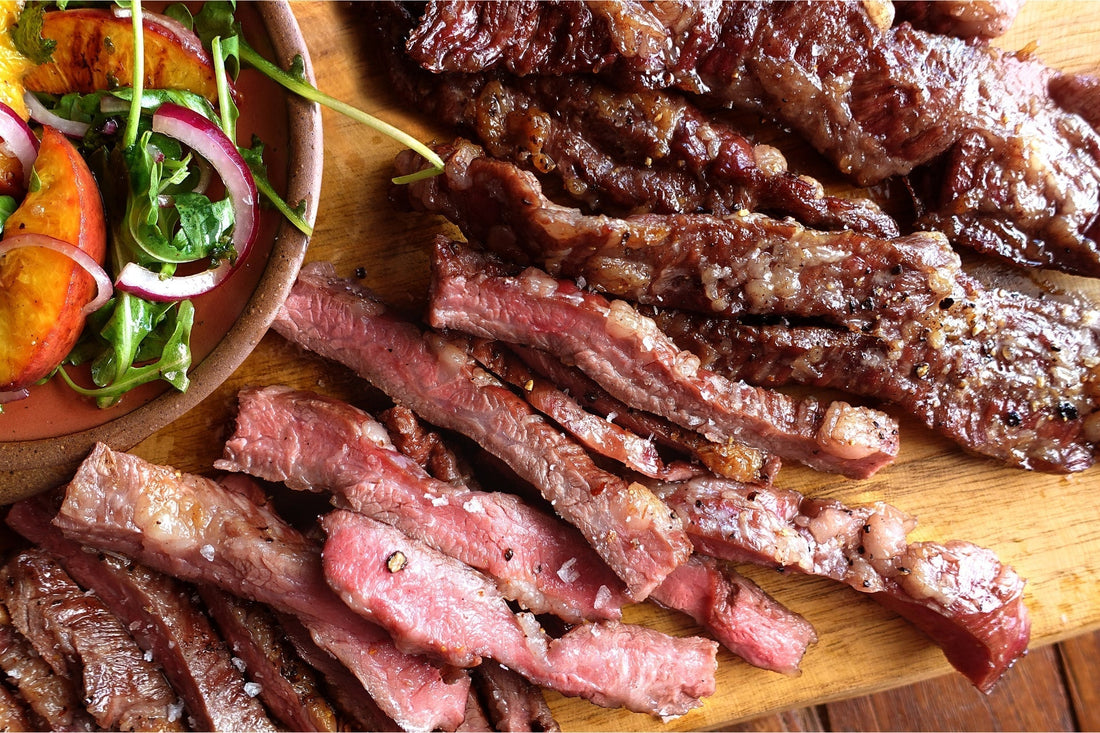 Quick grilled Ibérico Outside Skirt with grilled peach Chimichurri & summer salad