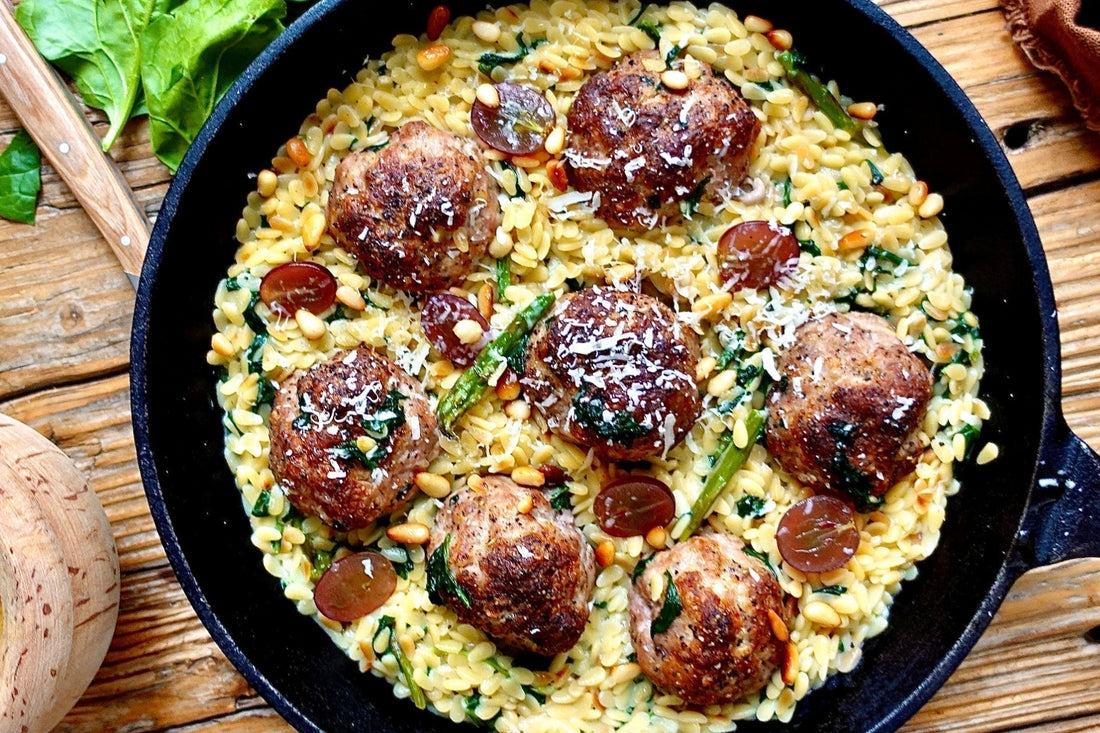 Oven-Baked Ibérico Meatballs with Creamy Spring Orzo