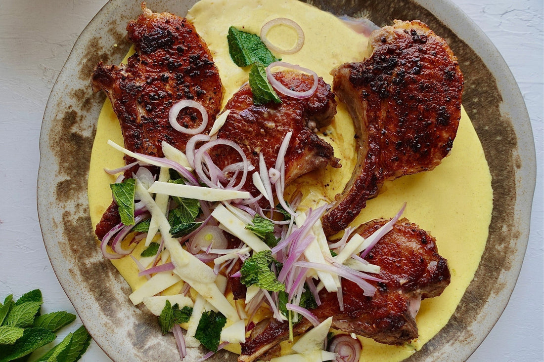 Seared Ibérico 4-Bone ribeye Rack with Fennel Slaw & Spiced Yogurt