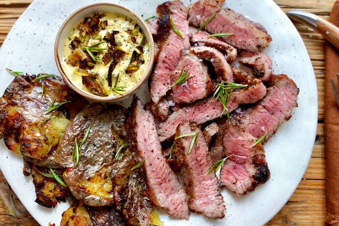 Grilled Ibérico Short Rib 'Abanico' with Charred Green Onion Aioli & Crispy Smashed Potatoes