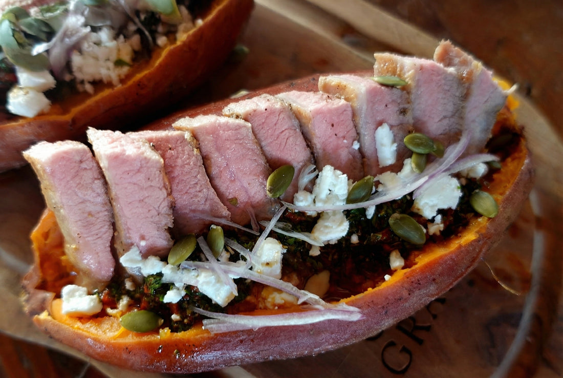 Roasted Sweet Potato Boats with Skirt Steak & Chipotle Yogurt