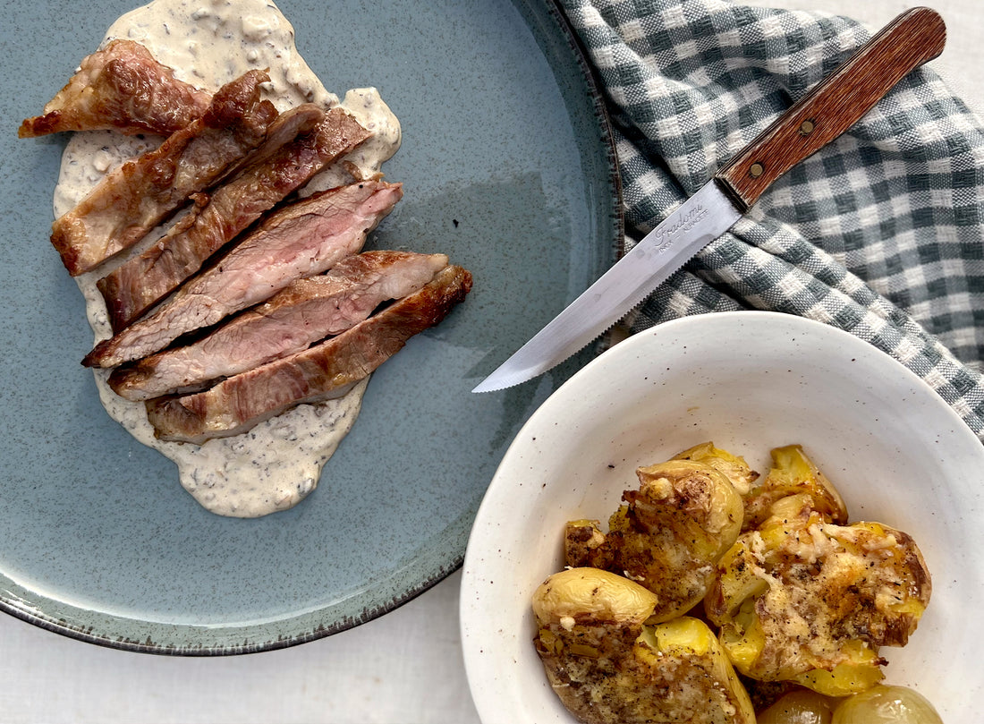 Abanico Ibérico with Potatoes & Mushroom Brandy Sauce