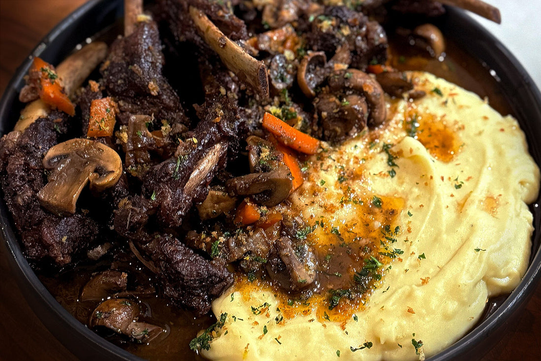 Stewed Ibérico Baby Back Ribs Bourguignon Style with Garlicky Panko Gremolata