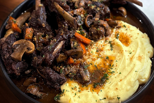 Stewed Ibérico Baby Back Ribs Bourguignon Style with Garlicky Panko Gremolata