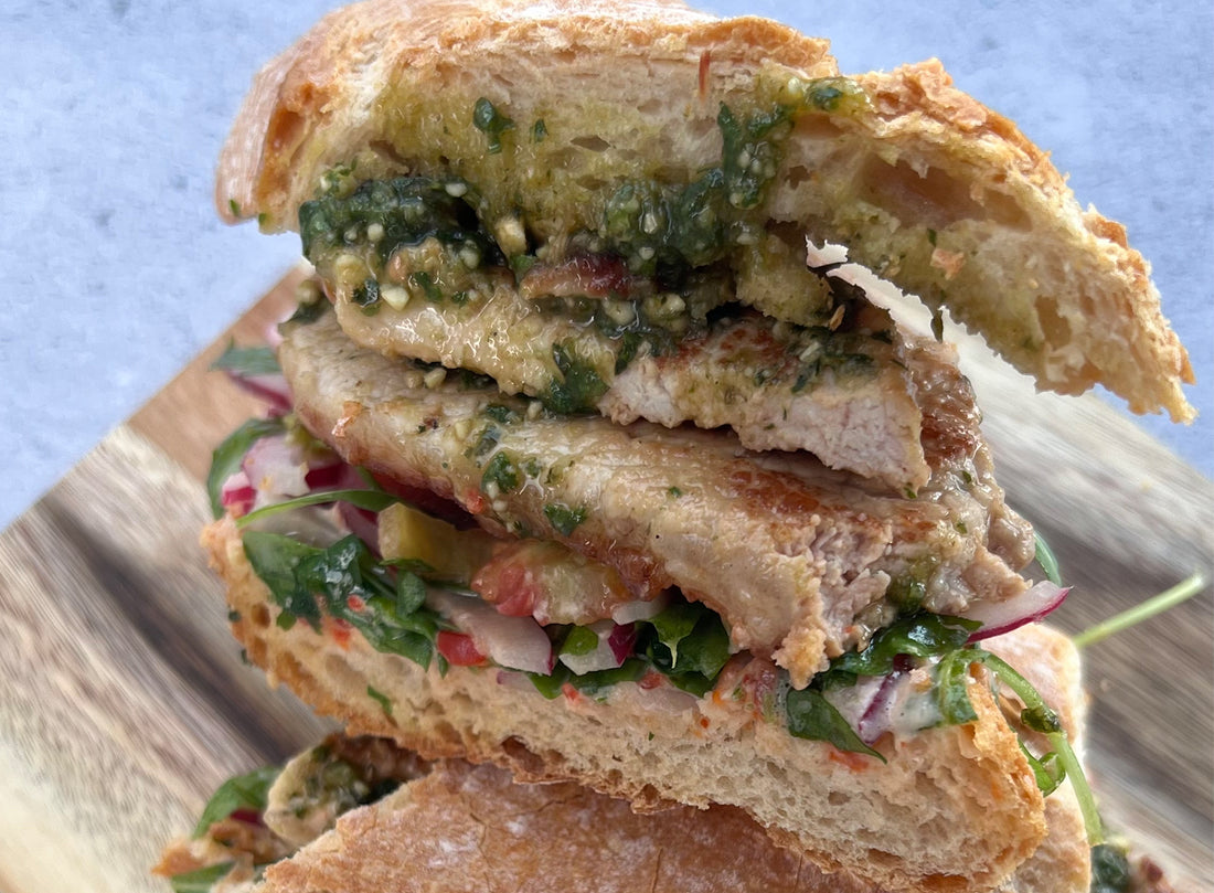 Grilled Loin Roast Sandwich with Pesto and Red Pepper Mayo