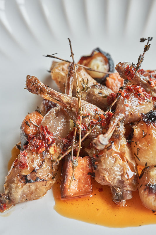 Roasted Quail Legs with Chili oil and Sweet Potatoes