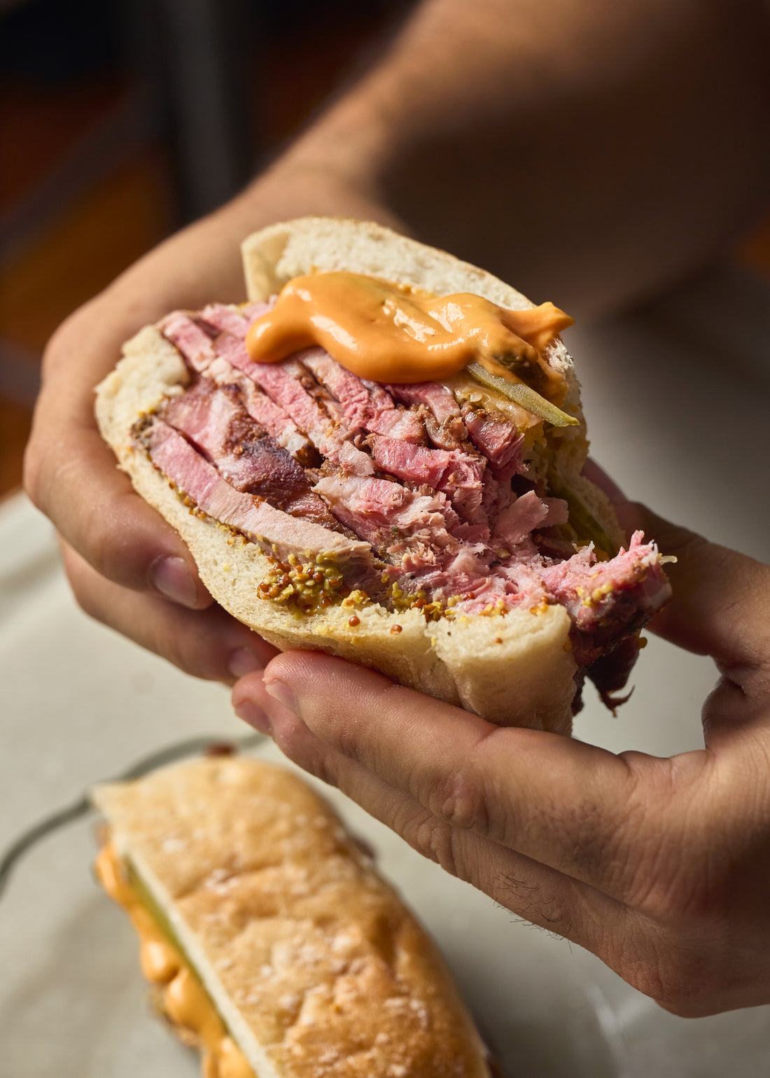 Cheesy Mustard Ibérico Pastrami Sandwich with sriracha mayo