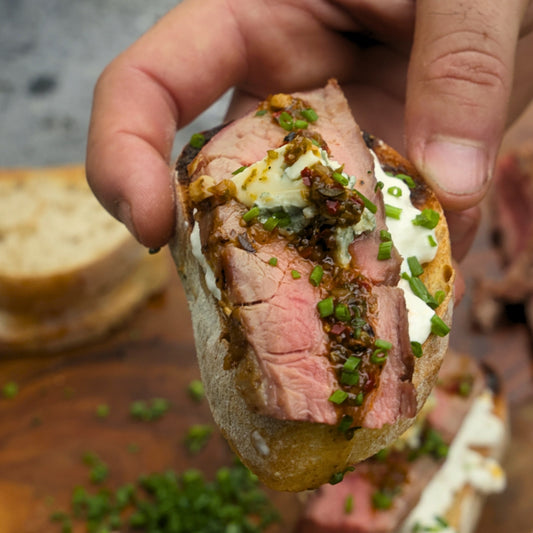 Grilled Ibérico Hanger Steak Tostas with Burrata, Blue Cheese, and Chimichurri