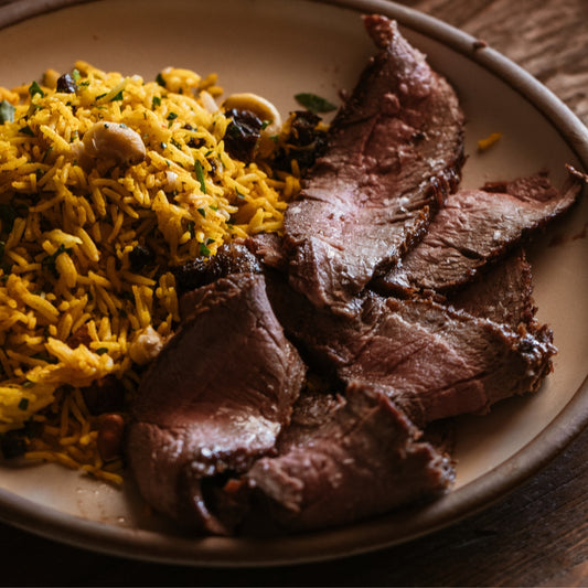 Roasted Presa Steak with rice pilaf