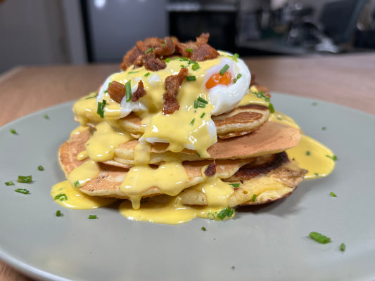 Egg Benedict Pancakes with Crunchy Pork Belly