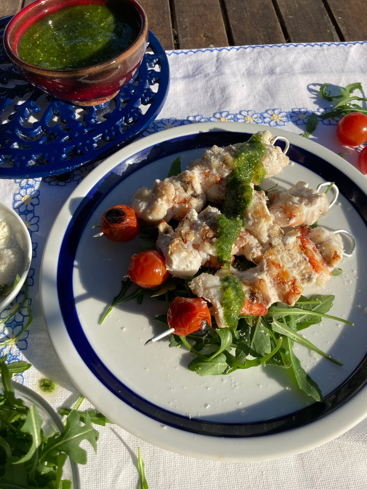 Monkfish and Prawn Kebabs with Pesto Campo Grande