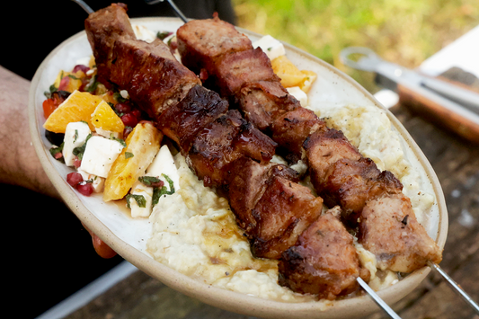 Grilled Loin Roast Skewers with Charred Baba Ganoush & Fresh Citrus Salad