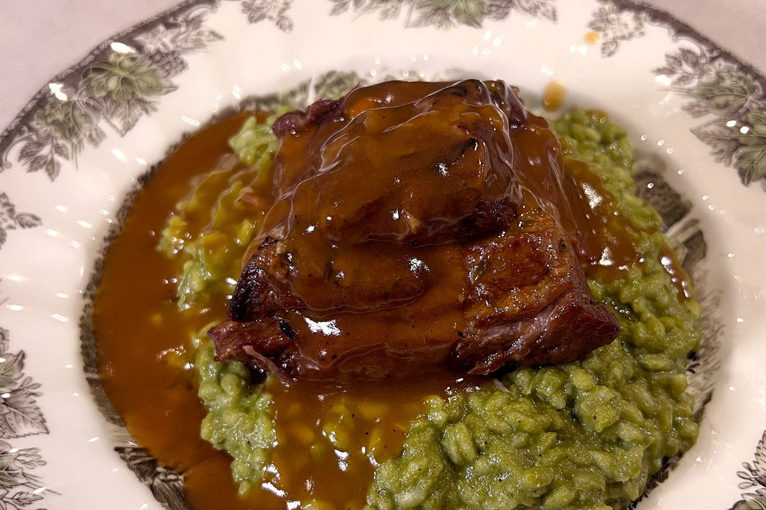 Braised Ibérico Coppa with Green Pesto Risotto