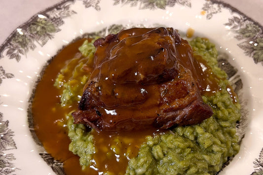 Braised Ibérico Coppa with Green Pesto Risotto