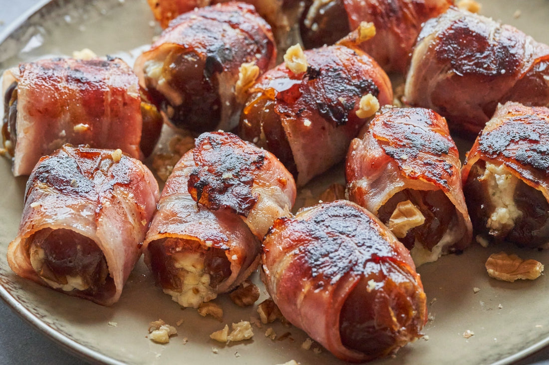 Bacon-Wrapped dates with feta & honey