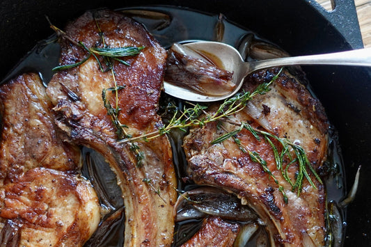 Cast-Iron Ibérico Ribeye Chops with Caramelized Shallots & Prunes