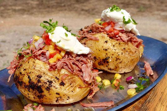 Smoked Ibérico Pork Collar Loaded Potatoes with Pineapple Pico de Gallo