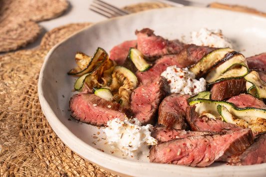 Grilled Wagyu Flank Steak with charred zucchini and burrata