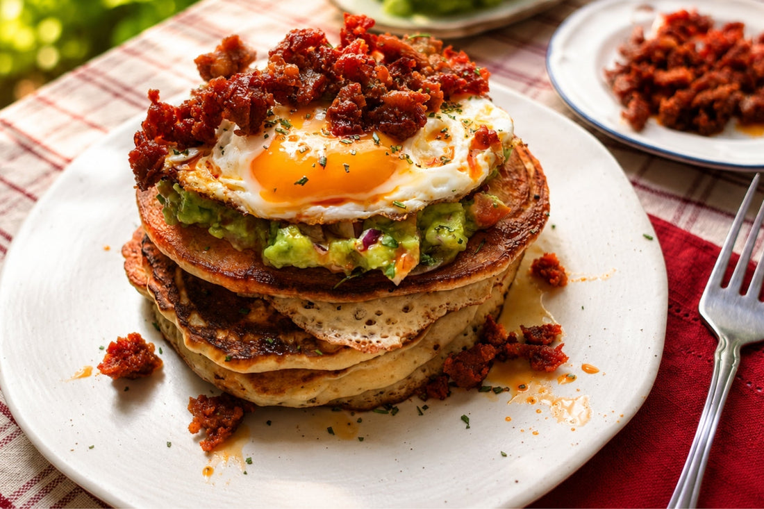 Ultimate breakfast pancakes with crispy Ibérico Chorizo, guacamole & Hot Honey
