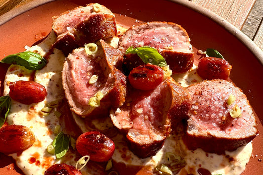Quick seared Ibérico Tenderloin with cold mustard sauce & sherry grapes