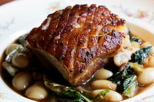 Braised Iberico Pork Belly with Escarole and Beans