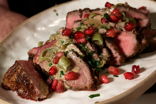 Sous Vide Ibérico Presa with easy balsamic sauce, piparras & pomegranate
