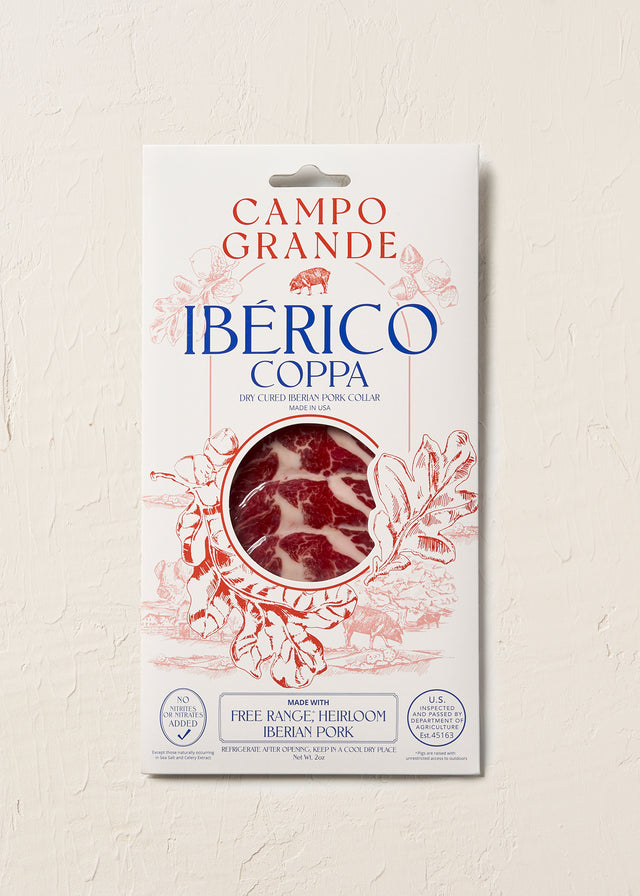 Campo Grande Ibérico Coppa dry cured Iberian pork collar package with red and blue text on white background.