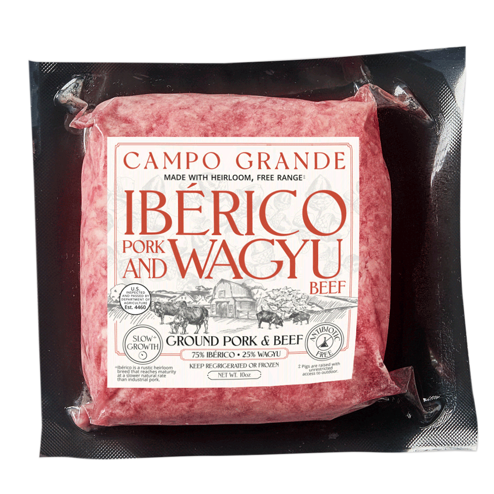 Campo Grande ground pork and beef blend in black vacuum-sealed package with white label.