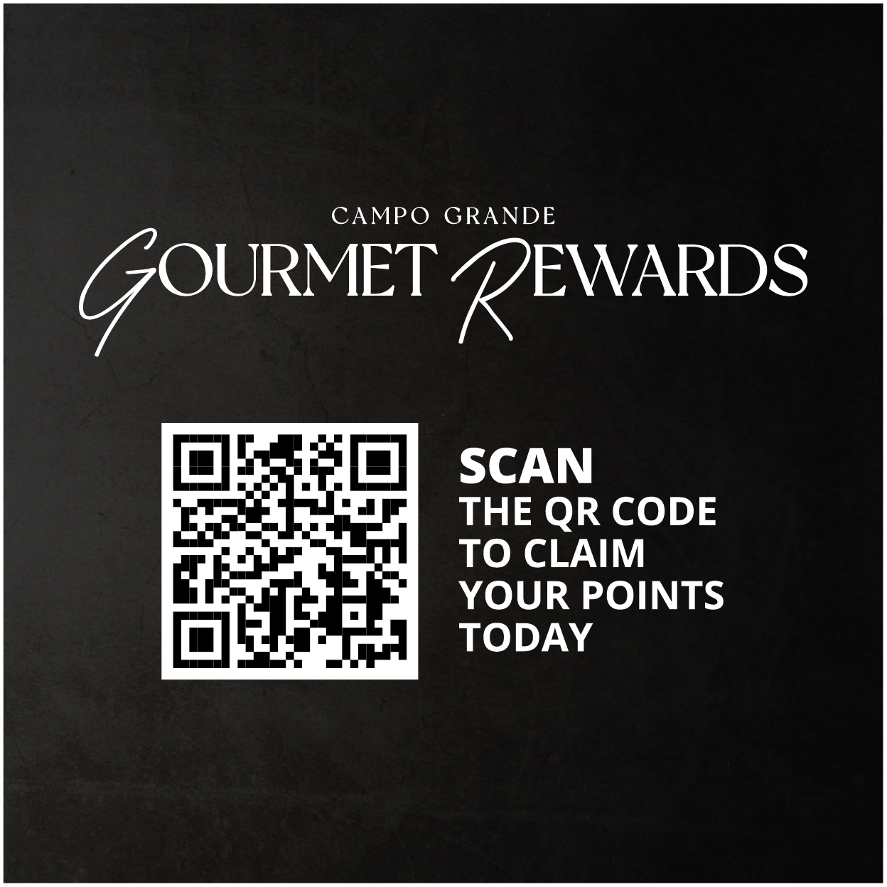 Campo Grande Gourmet Rewards promotional card with QR code on black background.