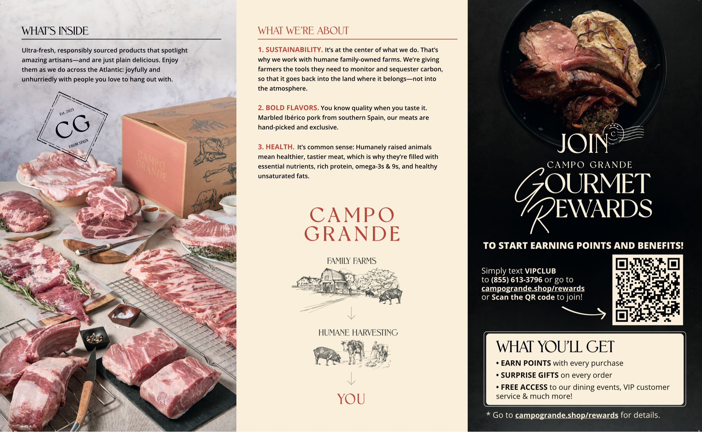 Campo Grande promotional brochure displaying cured meats, farm imagery, and rewards program details with QR code.