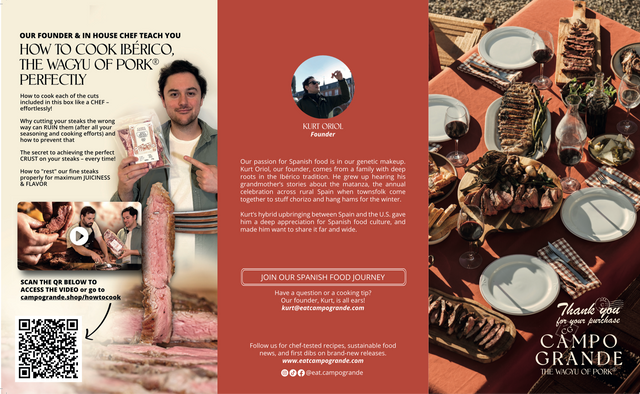 Inside Campo Grande image 1 of 2: Man holding cured meat alongside cooking instructions and overhead view of plated Spanish food on terracotta table.