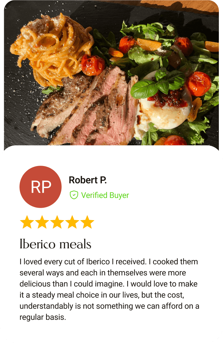 Sliced Ibérico pork with pasta and salad