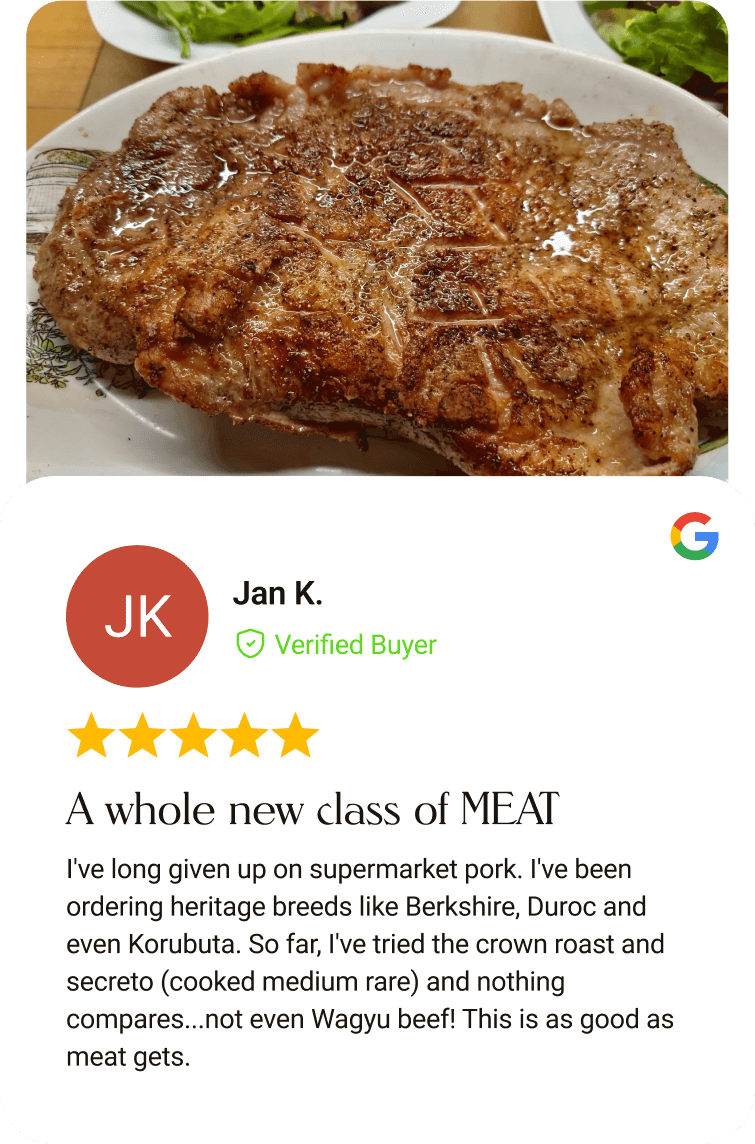 Seared and marbled Ibérico pork on a serving plate