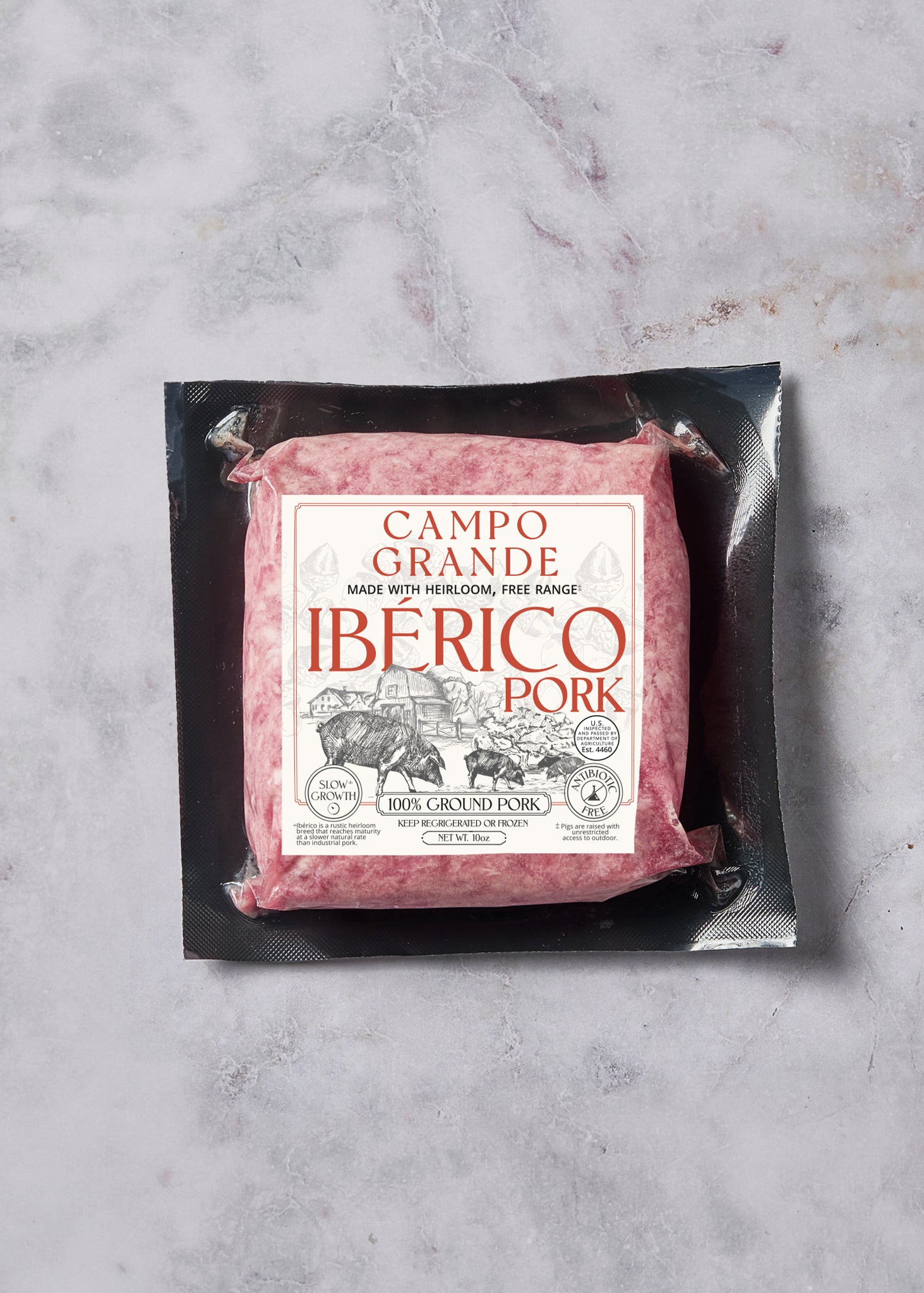 Campo Grande Iberico Pork ground meat package with cream and red label on black vacuum-sealed wrapper.