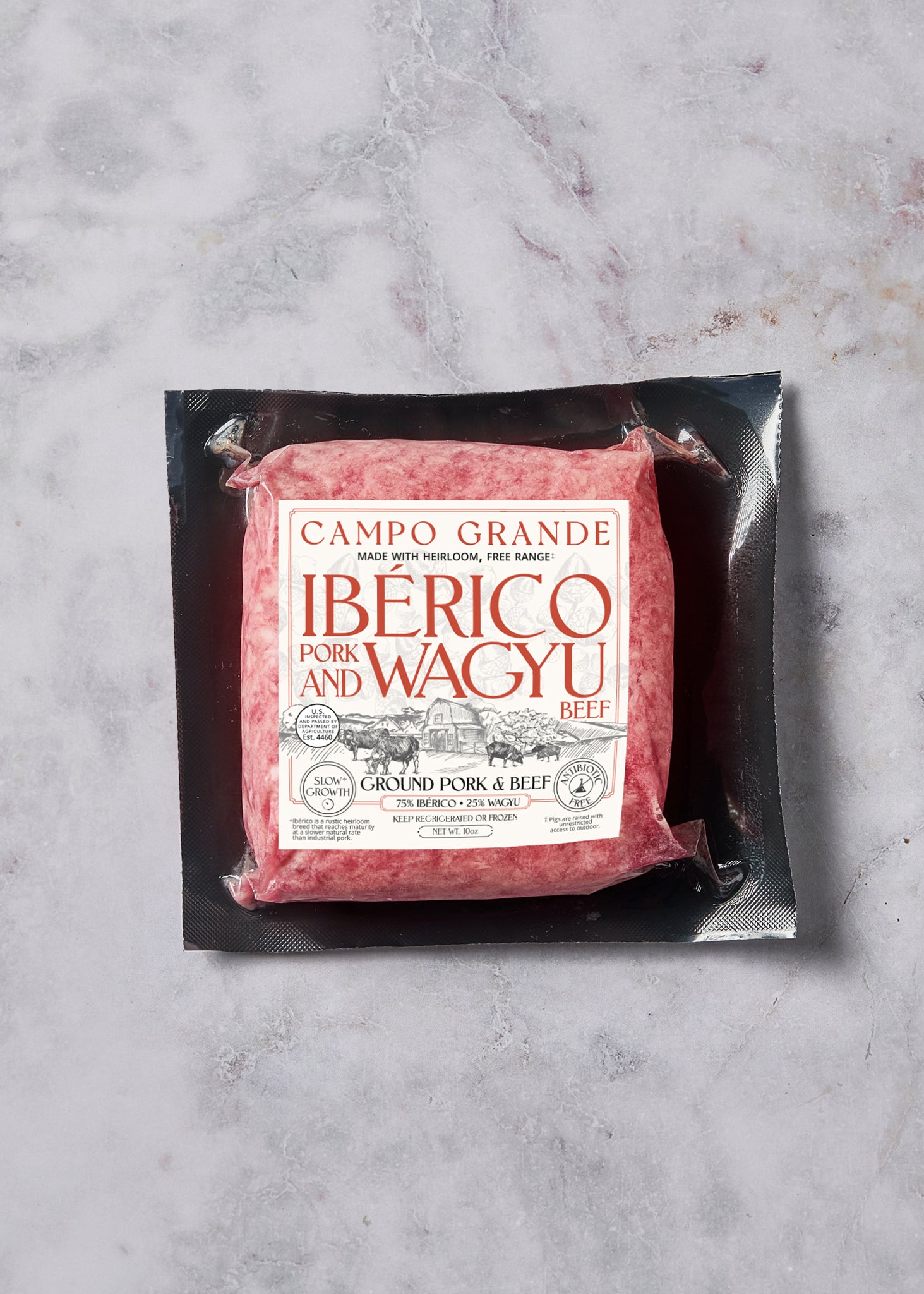 Campo Grande Iberico pork and Wagyu beef ground meat blend in black vacuum-sealed packaging.