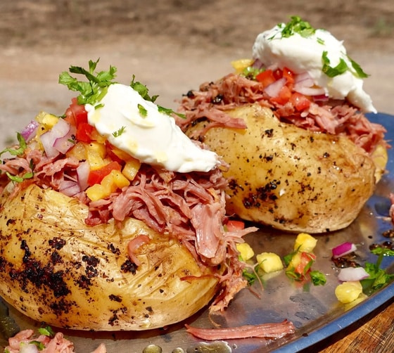 Smoked Ibérico Pork Collar Loaded Potatoes with Pineapple Pico de Gallo