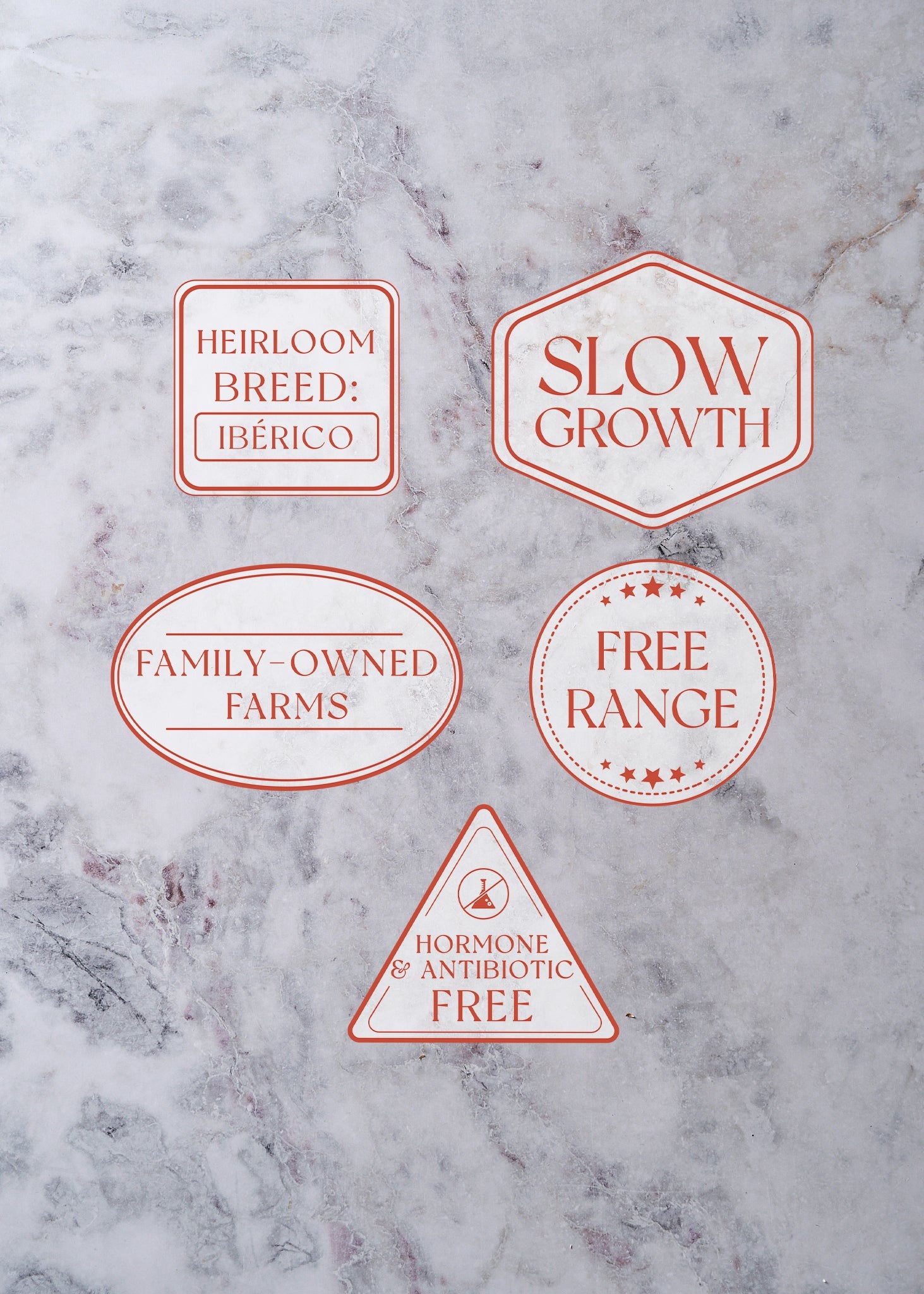 Five red-outlined labels on marble surface stating product attributes: Heirloom Breed Ibérico, Slow Growth, Family-Owned Farm